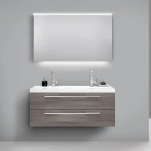 Design Badezimmermöbel Set mit Doppelwaschbecken und LED Lichtspiegel Nur Heute