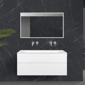 Meistverkauft Zafiro - Badmöbelset 120 cm mit Glaswaschbecken (Doppel) Optiwhite, griffloser Unterschrank und Lichtspiegel