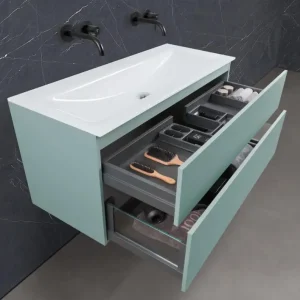 Zafiro - Badmöbelset 120 cm mit Glaswaschtisch (Doppel) Optiwhite und grifflosem Unterschrank Begrenztes Angebot