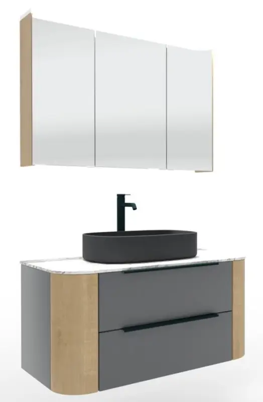 Heißes Angebot Puris Veluna Badmöbelset mit Aufsatzwaschtisch und Spiegelschrank - 100 cm