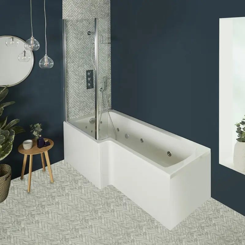 Highlight Whirlpool-Badewanne mit Aufsatz in Chrom - Größe, Schürze und Massagedüsen wählbar – Sandford