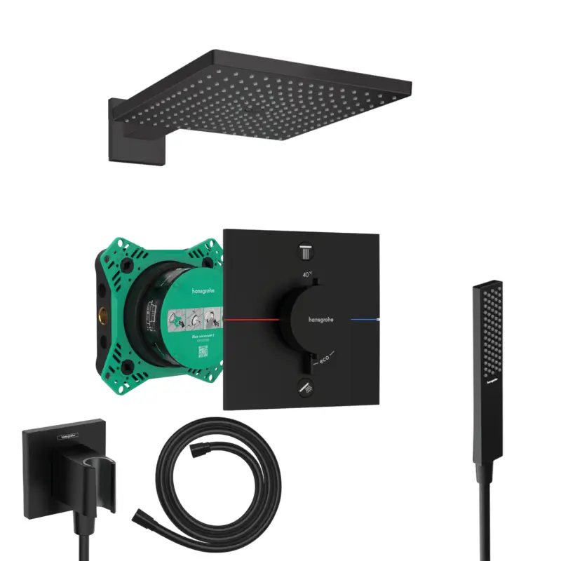 Hansgrohe ShowerSelect Comfort Unterputz Duschsystem Pulsify E Stabhandbrause schwarz matt Kopbrause Raindance E 300 und iBox Highlight