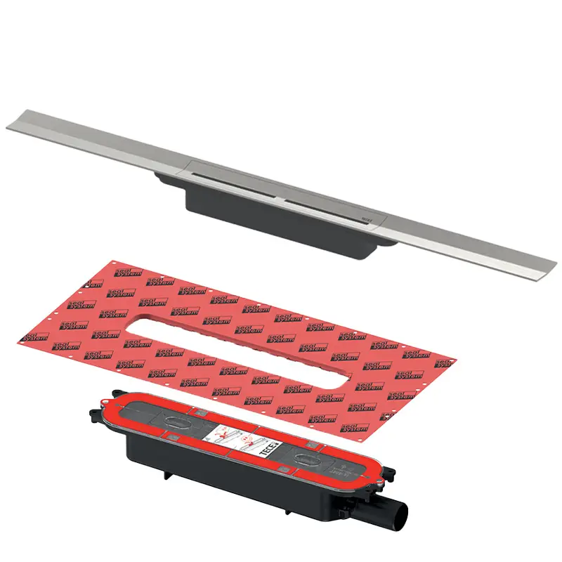 Sonderaktion Tece drainprofile Duschrinne Set Edelstahl gebürstet L:120 cm mit Grundkörper Flach, Bauhöhe 6,5 cm DN40